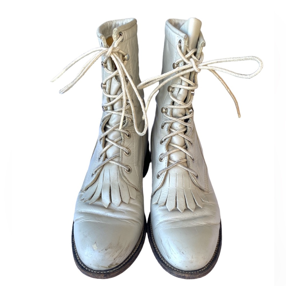Justin Cream Leather Lace Up Cowboy Boot